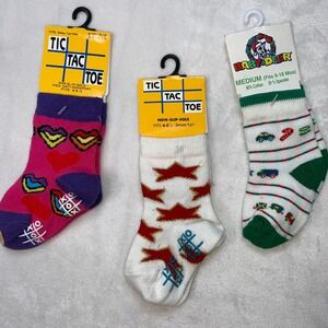 Vintage Baby Socks 3‎ Pairs Tic Tac Toe & Baby Deer Hearts Cars Striped Infant